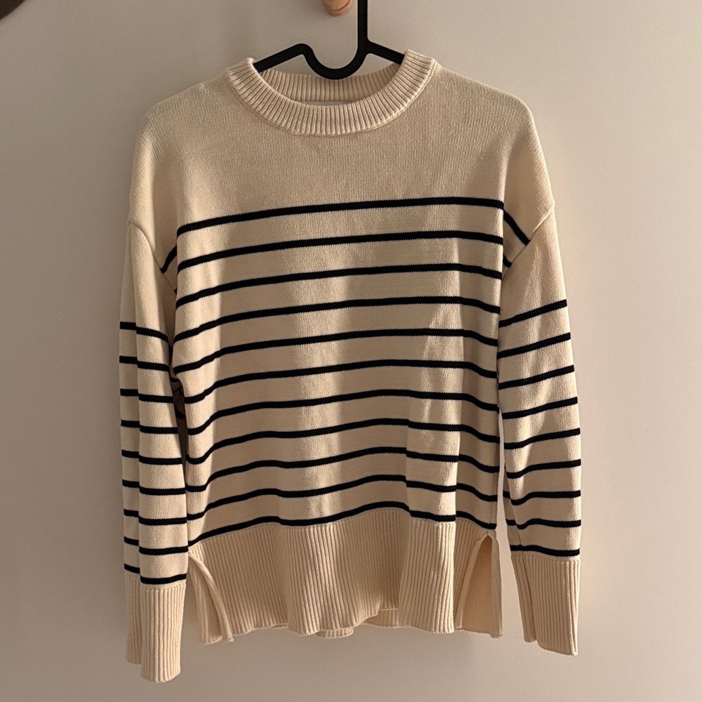 Zara women’s Cream and Black Striped Crewneck Sweater